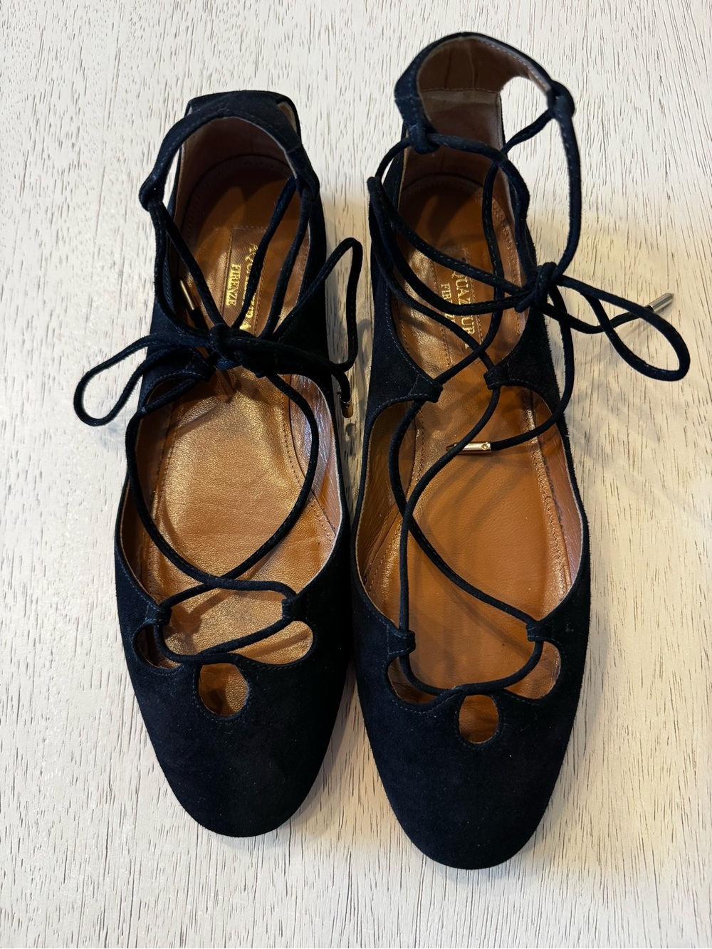Aquazzura Black Suede Lace-Up Flats